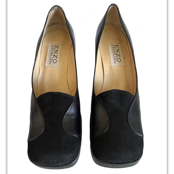 Y2K 90s Enzo Angiolini square toe suede leather black Platform Slip On 7 Retro - Picture 6 of 13